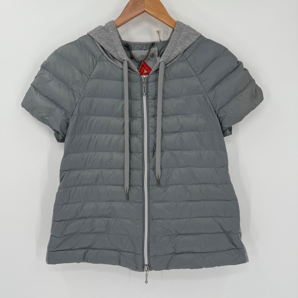 My‎ Anorak Short Sleeve Quilted Down Hoodie Jacket Gray Mixed Media Size Small